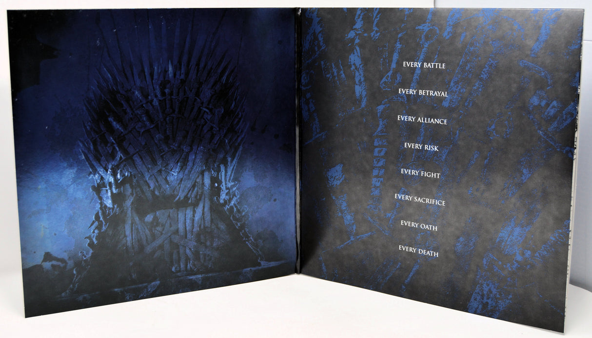 Game of Thrones For The Throne inner gatefold with Iron Throne artwork and epic sayings