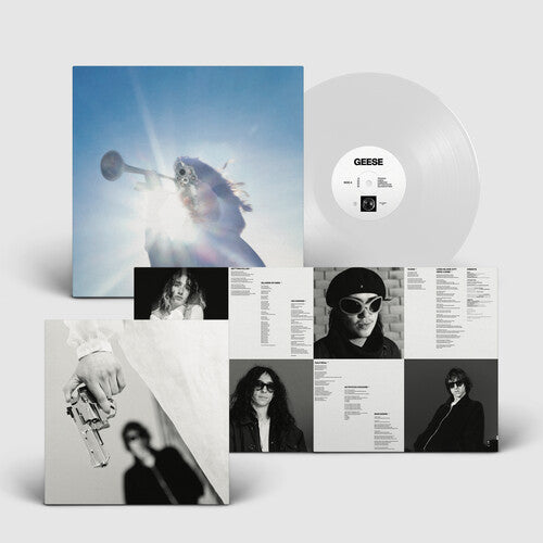 Vinyl record with cover featuring a person playing a trumpet against a blue sky, on a white background.