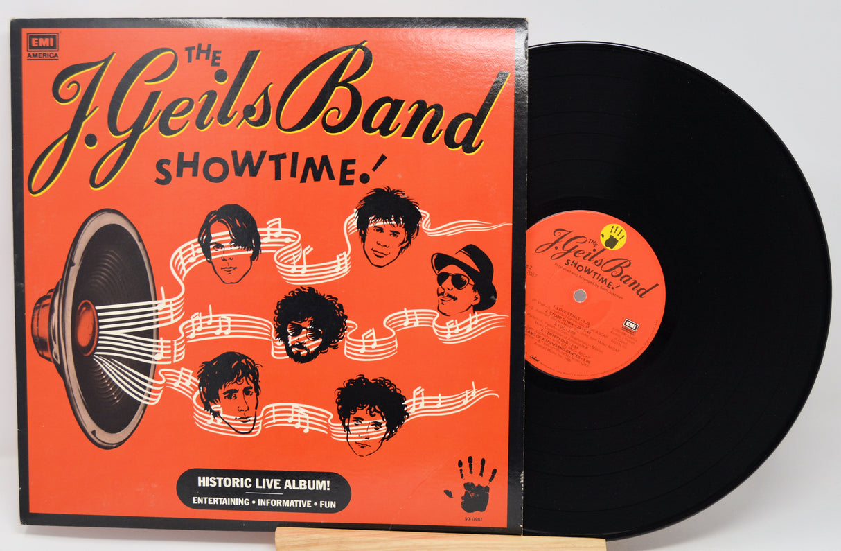 Vinyl record and cover of 'The J. Geils Band Showtime' album on a white background