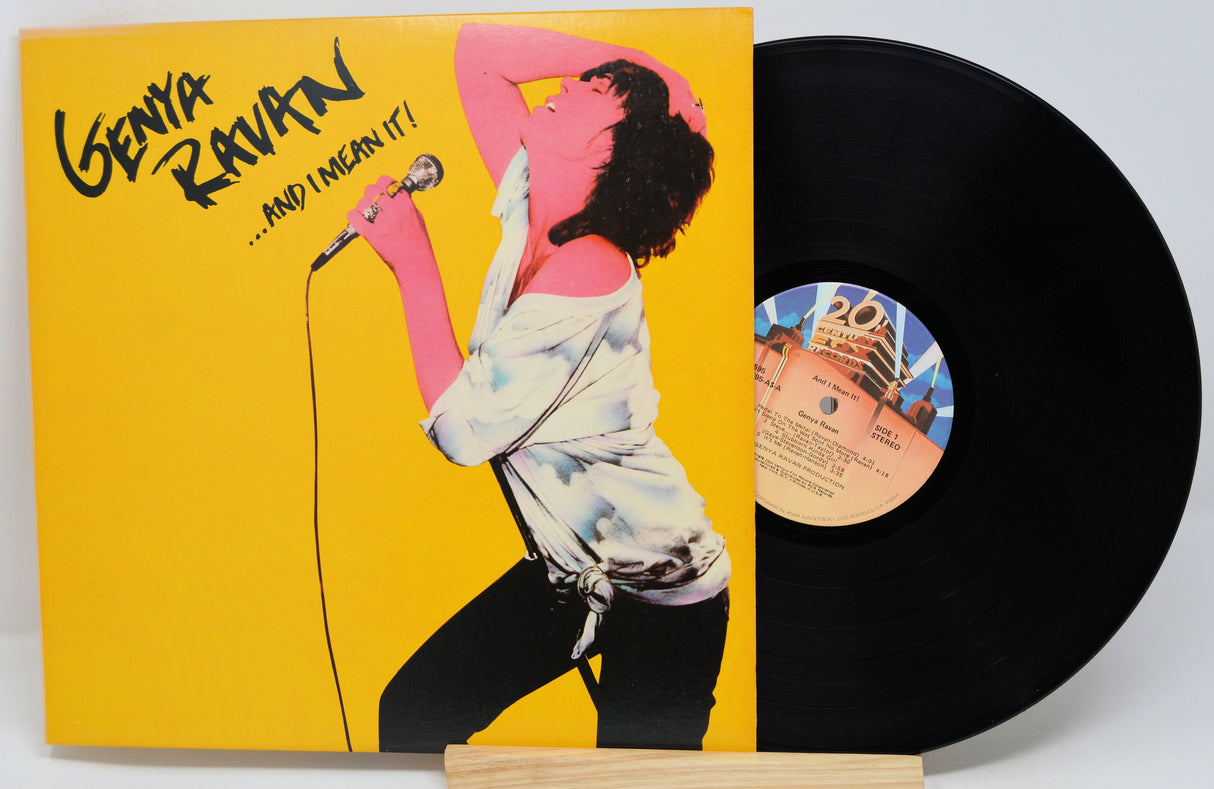 Front cover and vinyl record of Genya Ravan’s ...And I Mean It! album, featuring a striking vocal performance illustration