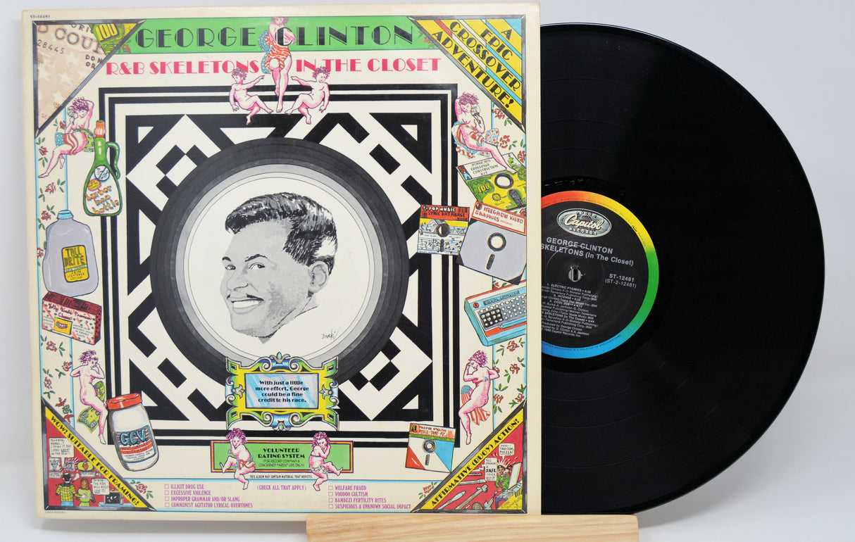 Vinyl record with colorful cover featuring a portrait and text