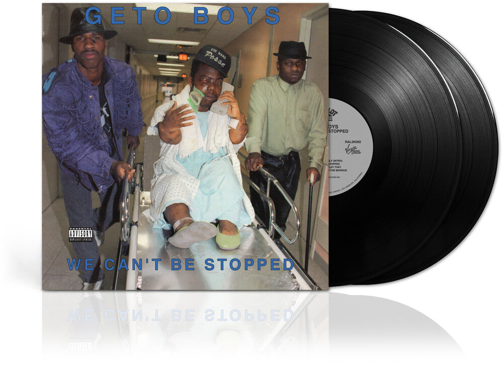 Vinyl record with cover showing three men in a hallway, titled 'We Can't Be STOPPED' by Geto Boys.