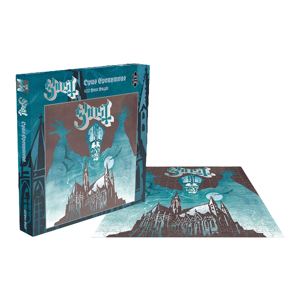 Ghost Opus Eponymous 500 piece puzzle box and completed jigsaw featuring album cover artwork