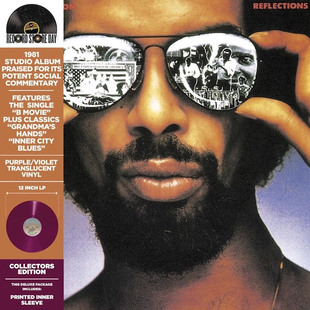 Album cover with Gil Scott-Heron wearing sunglasses reflecting images, with text on the left side.