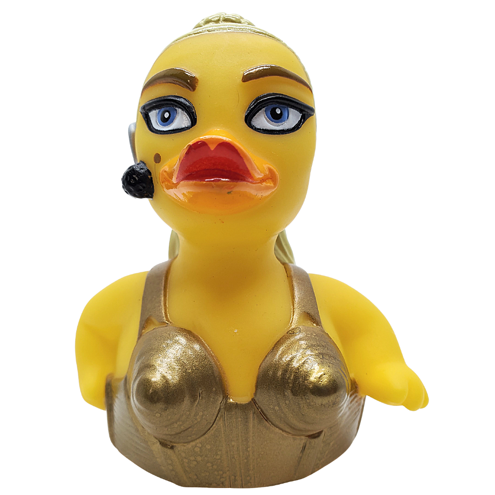 Diva themed rubber duck with microphone and gold stage costume
