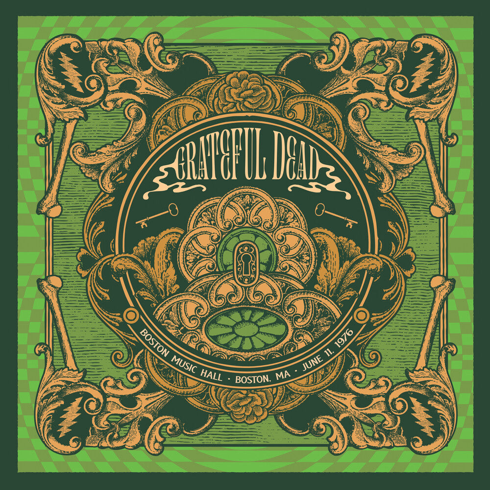 Decorative album cover with ornate designs and 'Grateful Dead' text on a green background