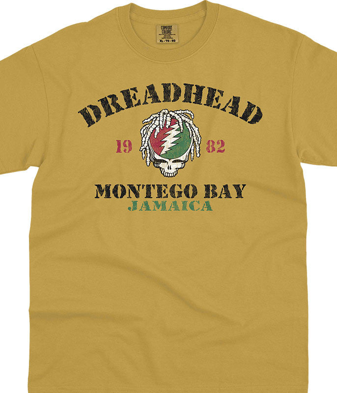 Yellow t-shirt with 'Dreadhead Montego Bay Jamaica' design featuring a skull and flag.
