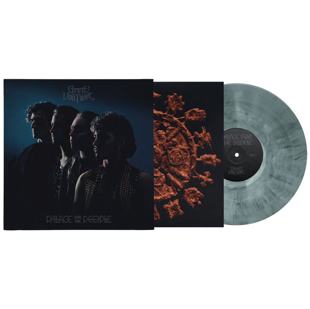 A vinyl record album shown with its outer sleeve, inner art sleeve, and the translucent record on a plain white background. The album cover features dark silhouettes of three people against a blue-black background, with the title 'Palace For The People' visible.