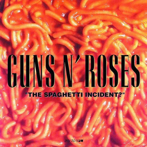 Close-up of orange spaghetti noodles with the Guns N' Roses 'The Spaghetti Incident?' album title in bold text