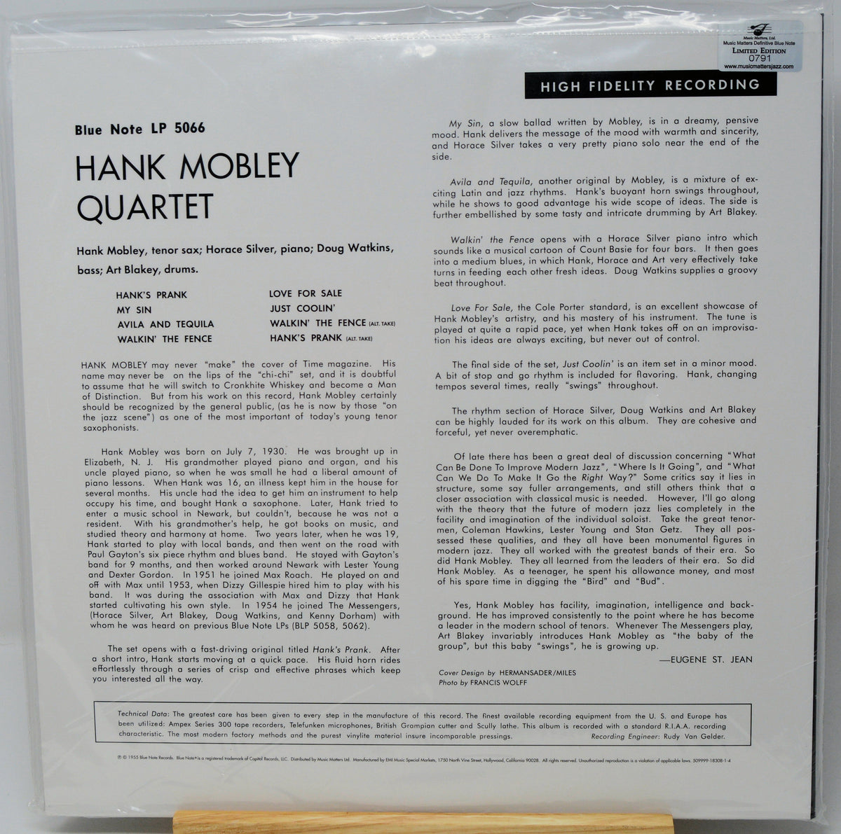 The back cover of the Hank Mobley Quartet 'Love for Sale' LP 5066 on Blue Note Records, showing detailed tracklist text, credits, and copyright information on a white background.