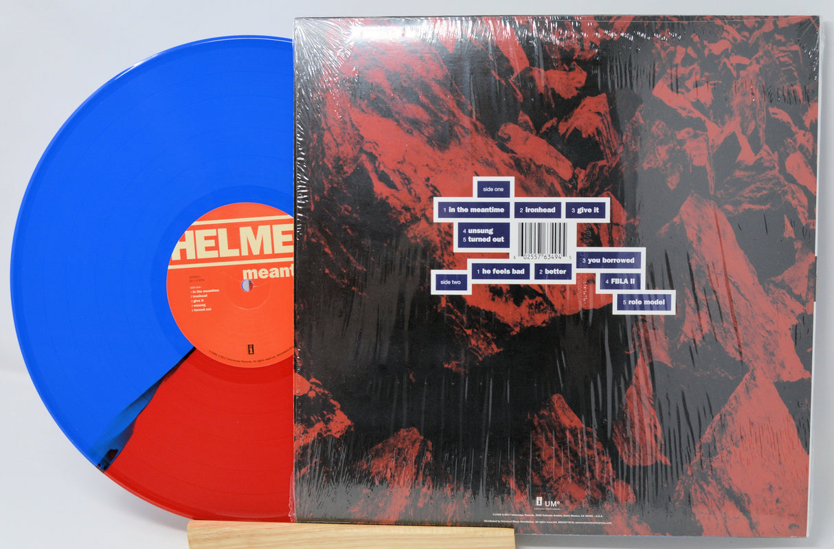 Back cover and split red and blue colored vinyl record of Helmet's Meantime album