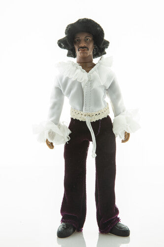 Action figure wearing a white shirt with ruffled sleeves and dark pants on a white background