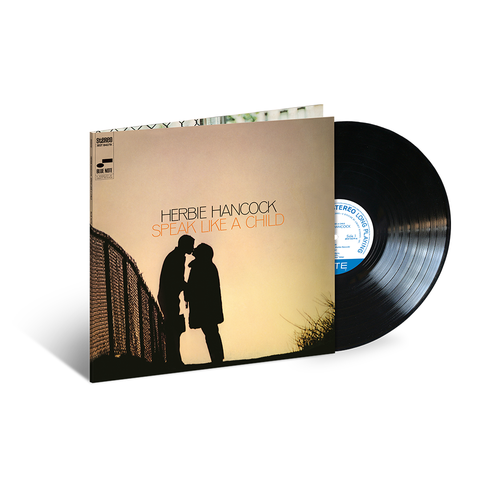 Herbie Hancock - Speak Like A Child vinyl record album packaging with a silhouette of Herbie Hancock and a child on the cover, along with a black vinyl record.