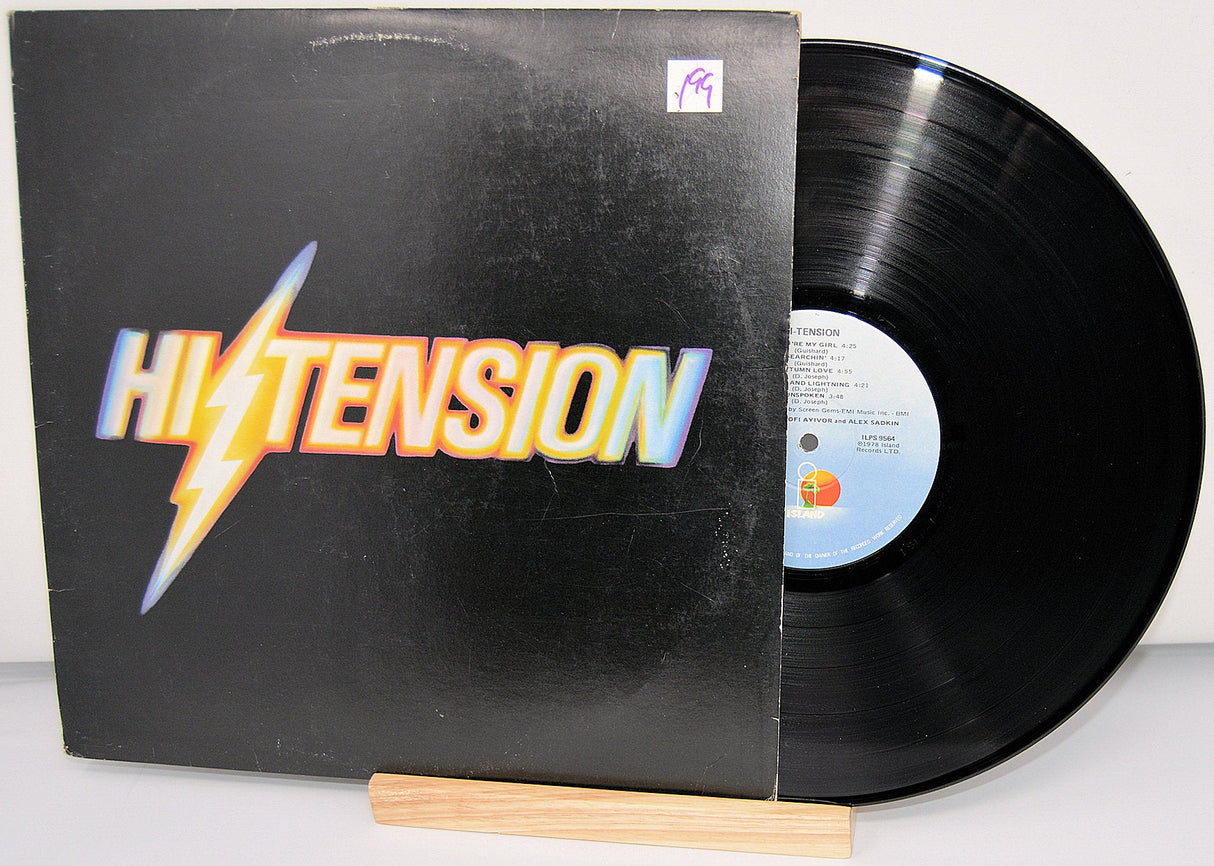 Front cover of Hi-Tension vinyl album with lightning bolt logo and retro design