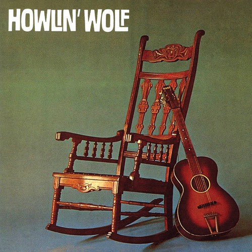 Wooden rocking chair and guitar on a green background with 'Howlin' Wolf' text.