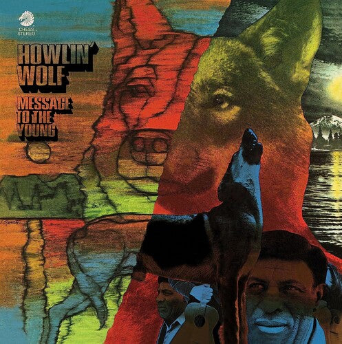 Album cover art for Howlin' Wolf's 'Message To The Young' featuring a collage of images including the artist's face, animals, and abstract designs.