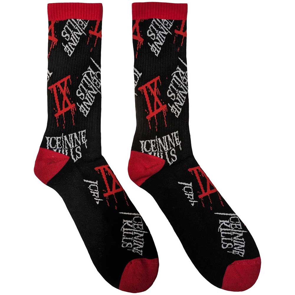 A pair of black socks with the Ice Nine Kills band logo in red and white.