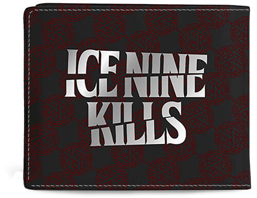 Black wallet featuring bold silver 'Ice Nine Kills' band logo on a patterned background