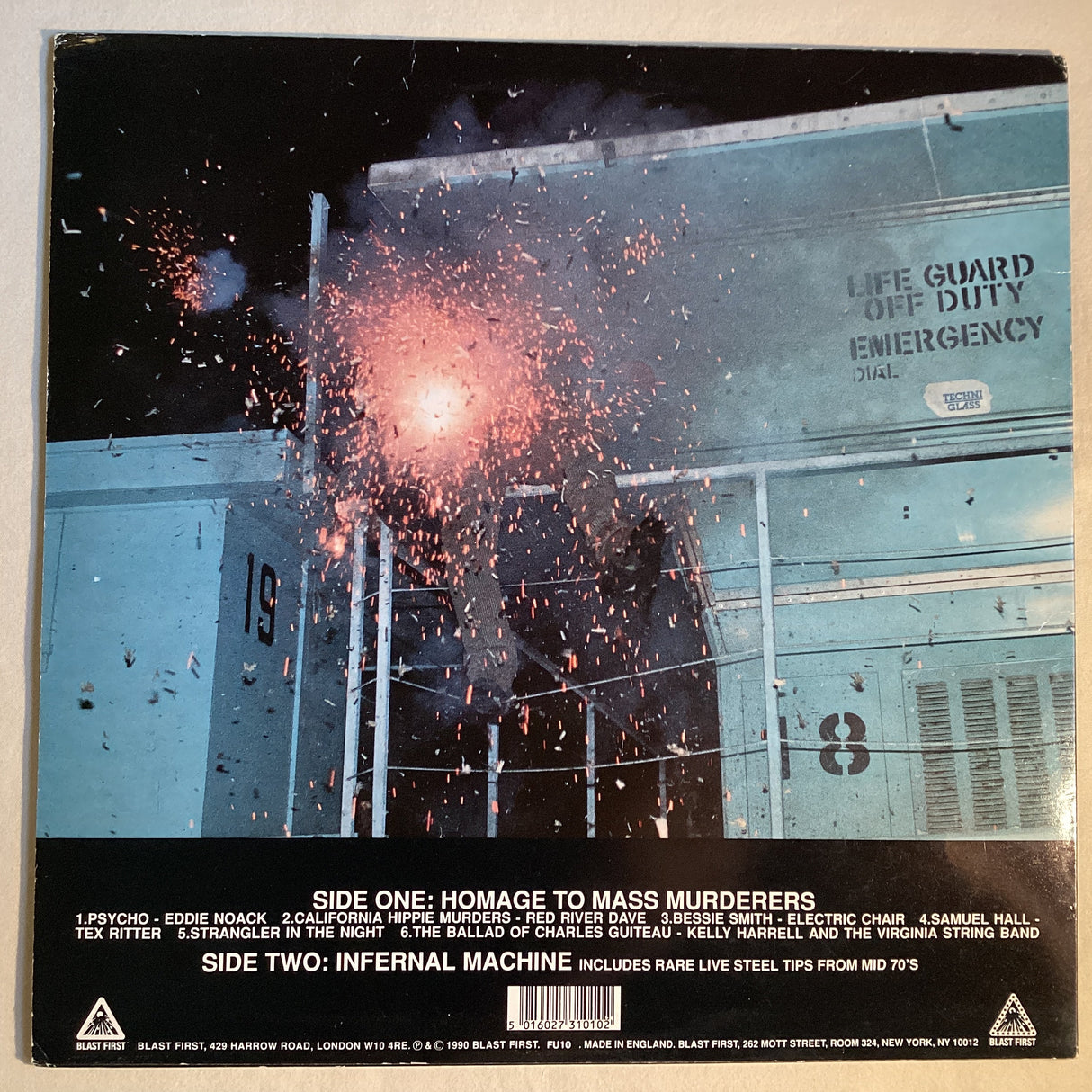 Vinyl record back cover with emergency warning and explosion of sparks at night