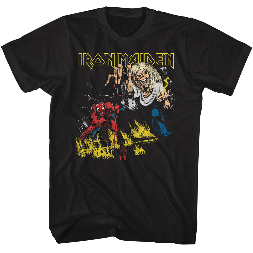 Black t-shirt with Iron Maiden graphic design on a white background