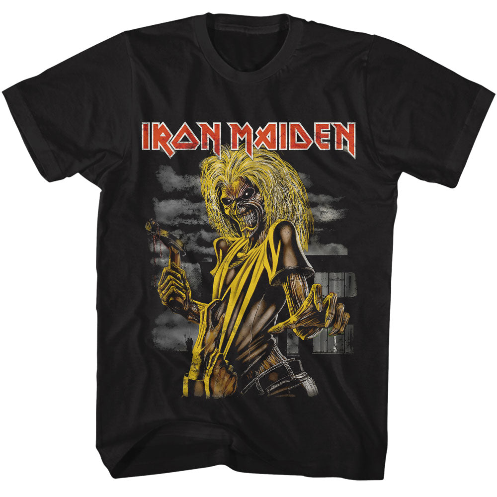 Black t-shirt with Iron Maiden graphic featuring a character in yellow and black attire.