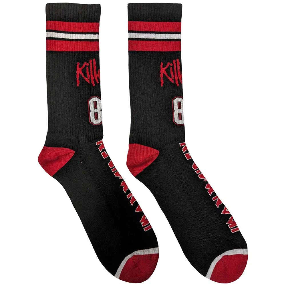 Black socks with red and white accents and 'Killa' branding on a white background