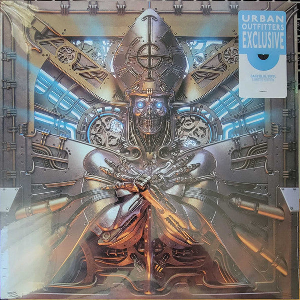 Iron Maiden Senjutsu album cover featuring a mechanized robotic figure with glowing blue eyes and intricate machinery.