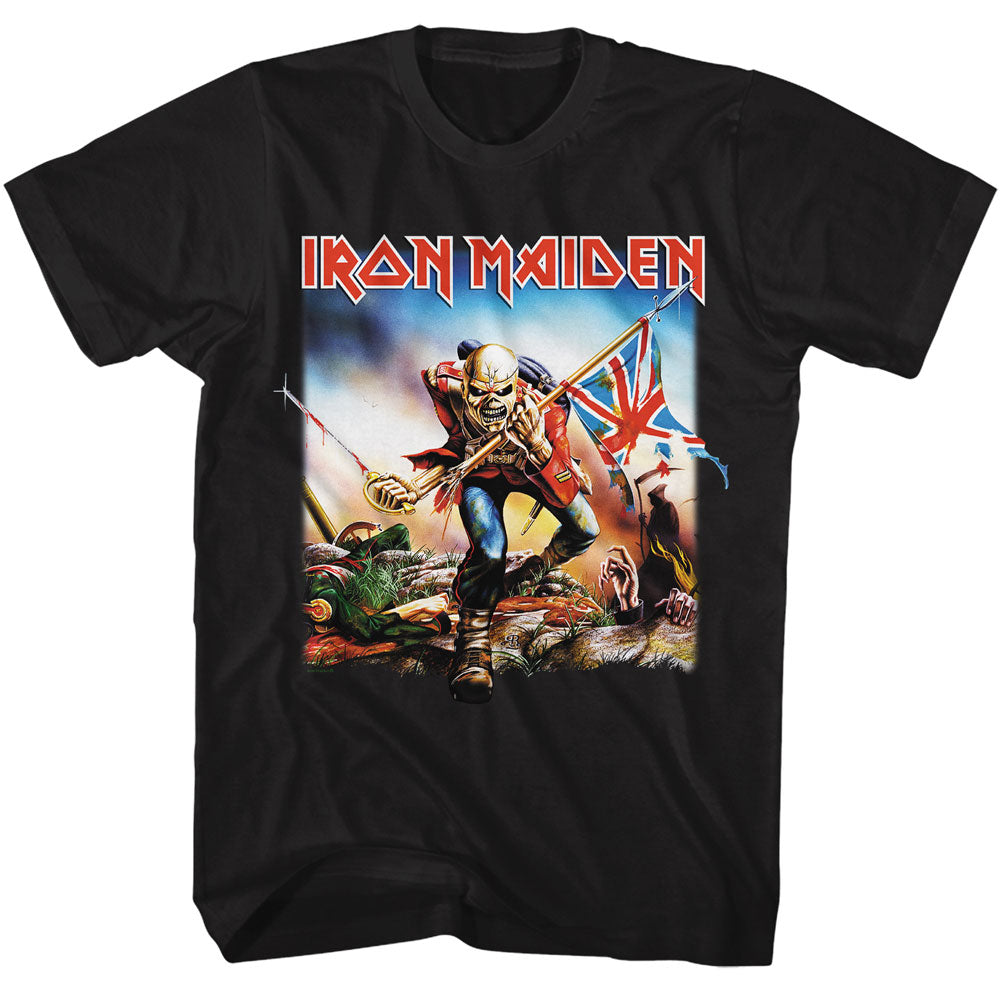 Black t-shirt with Iron Maiden graphic design featuring a warrior holding a British flag.