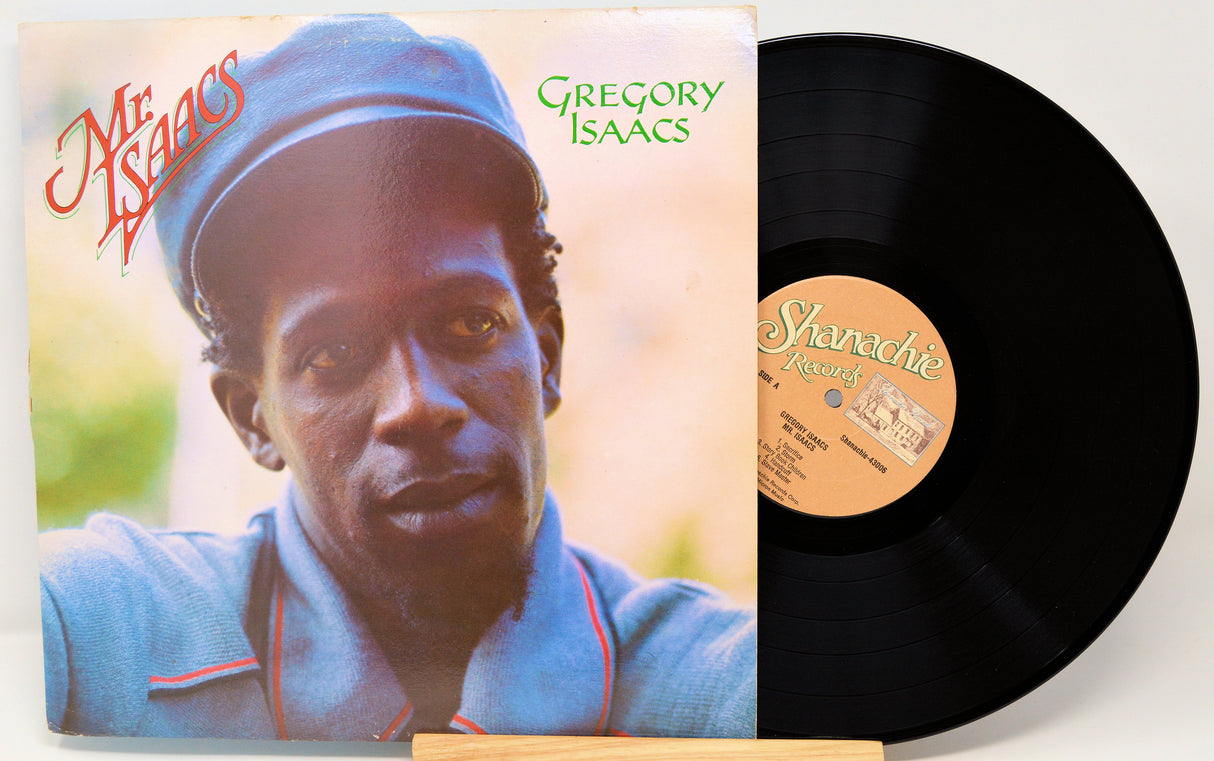 Vinyl record with cover featuring a portrait and album title 'Mr. Isaacs' by Gregory Isaacs.
