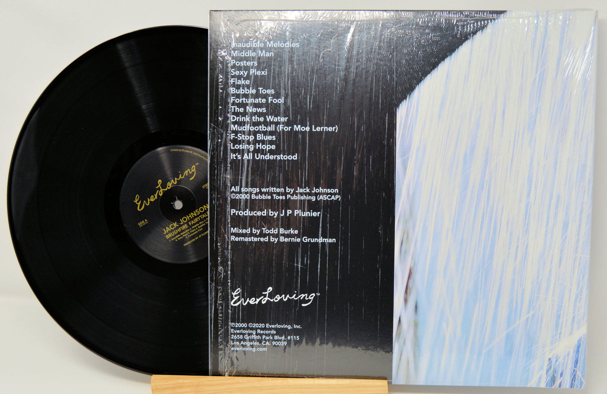 Back cover of Jack Johnson's Brushfire Fairytales 20th anniversary vinyl LP with tracklist and credits