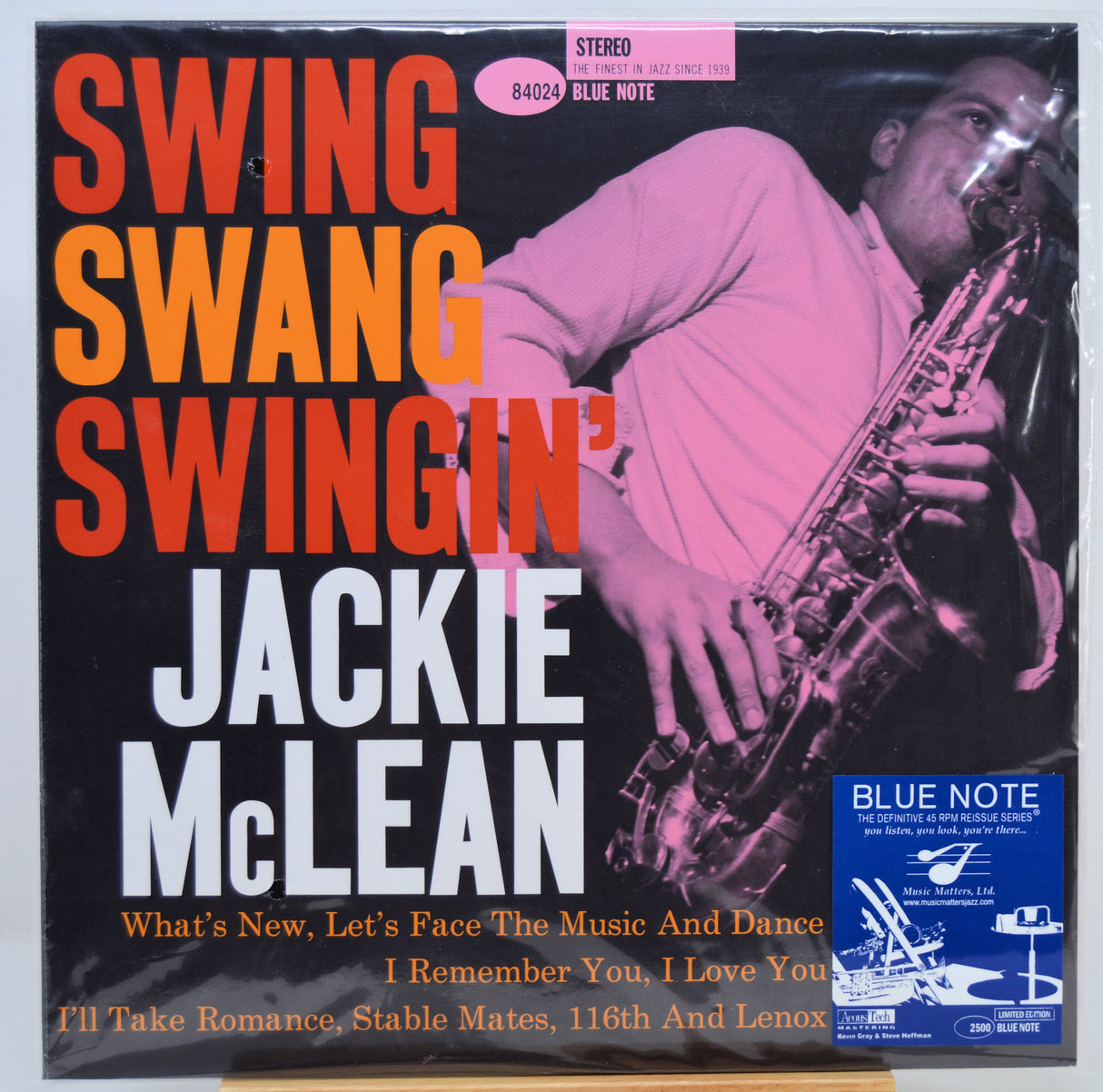 Jackie McLean 'Swing Swang Swingin'' Blue Note LP album cover, vinyl record sleeve, with a saxophone player on the cover art and a visible Blue Note logo in the lower right corner.