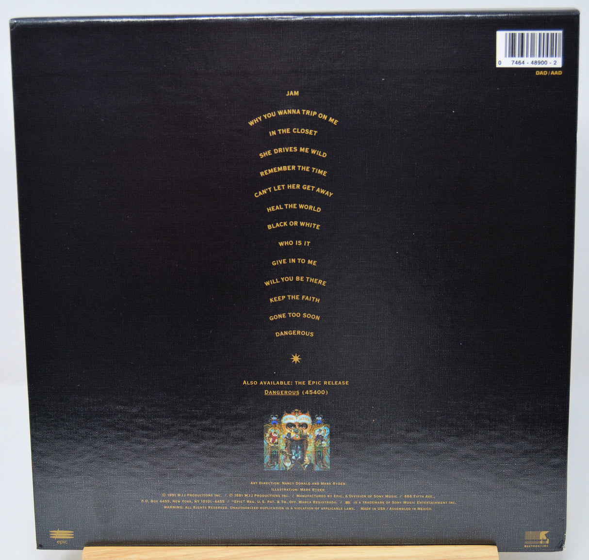 Back cover of a vinyl record with text and album artwork on a white background