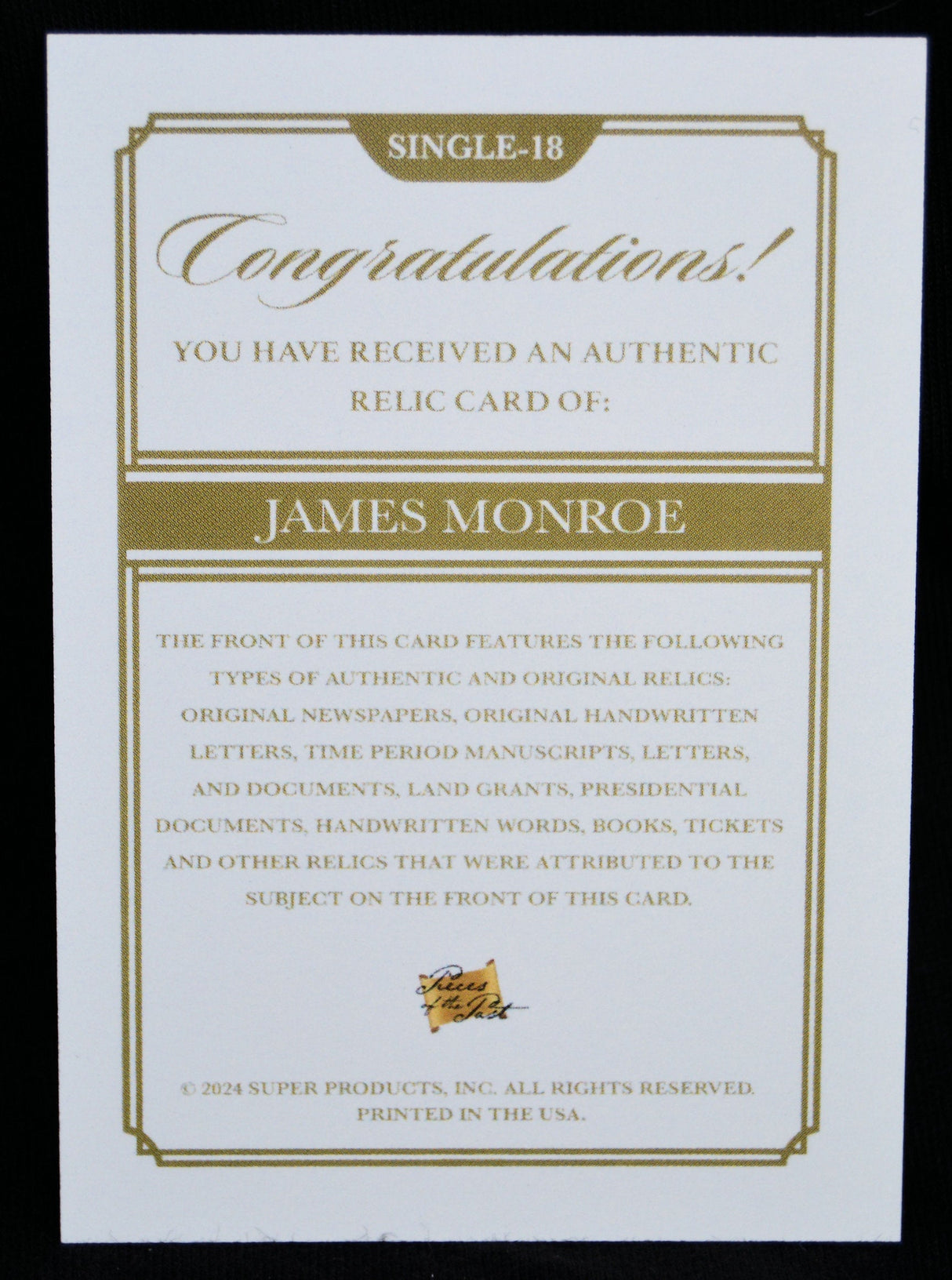 Back of James Monroe relic card describing authenticity and collectible details