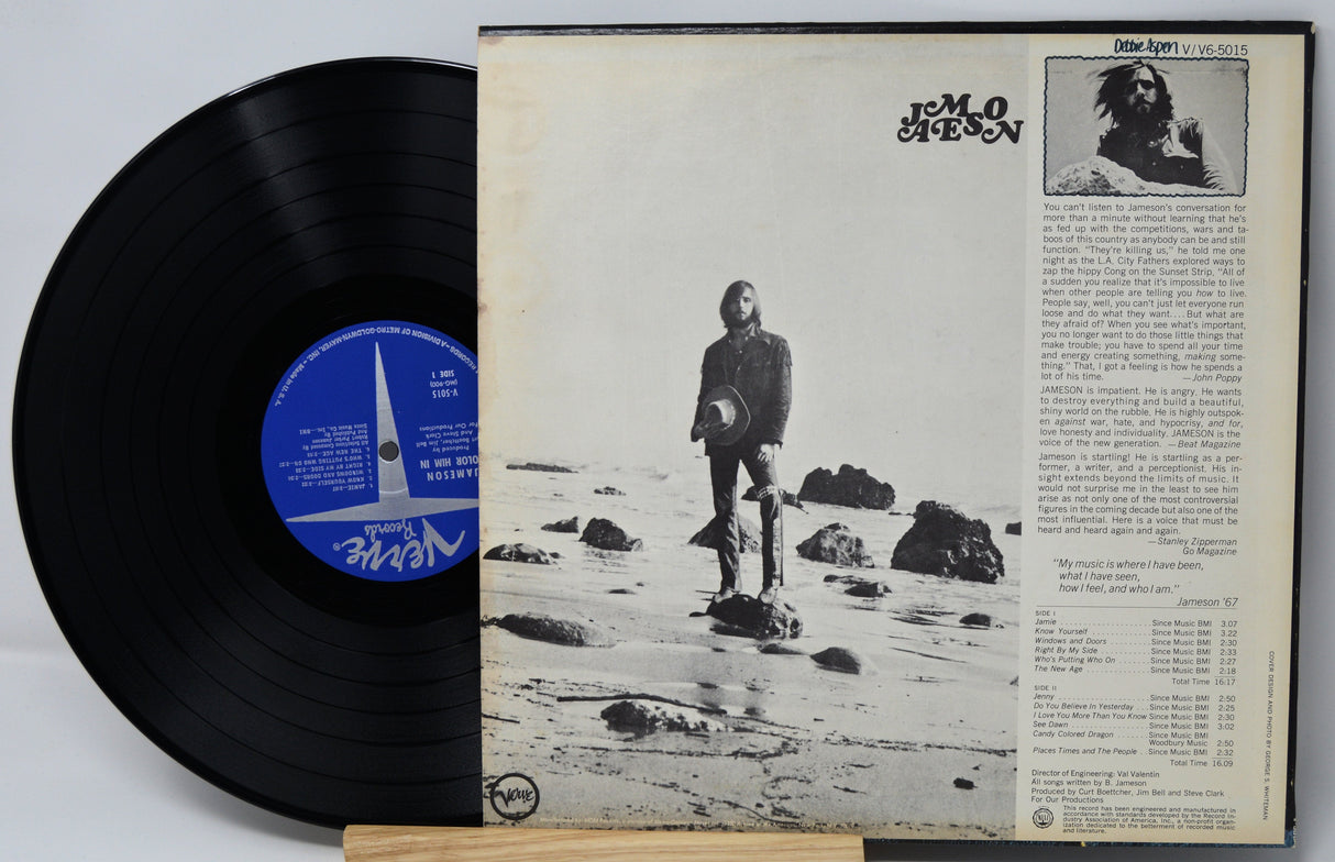 Back cover and vinyl record of Jameson’s 'Color Him In' LP showing tracklist and artist bio