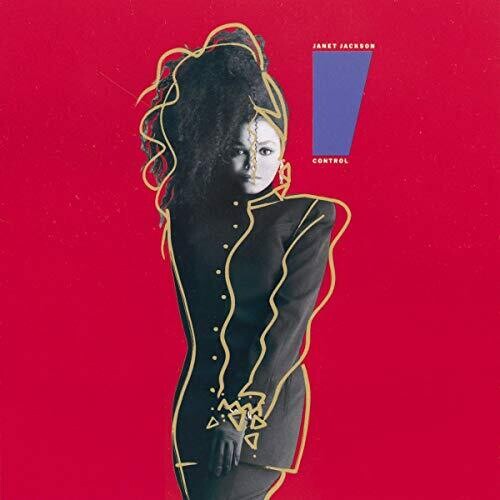 Album cover for Janet Jackson's 'Control' album, featuring a stylized illustration of Janet Jackson in a black dress with a red background and gold accents.