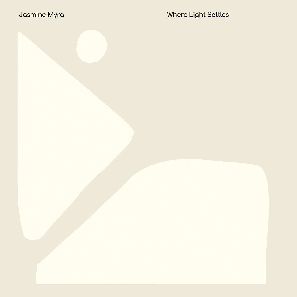 Album cover with abstract design and text 'Jasmine Myra Where Light Settles' on a beige background