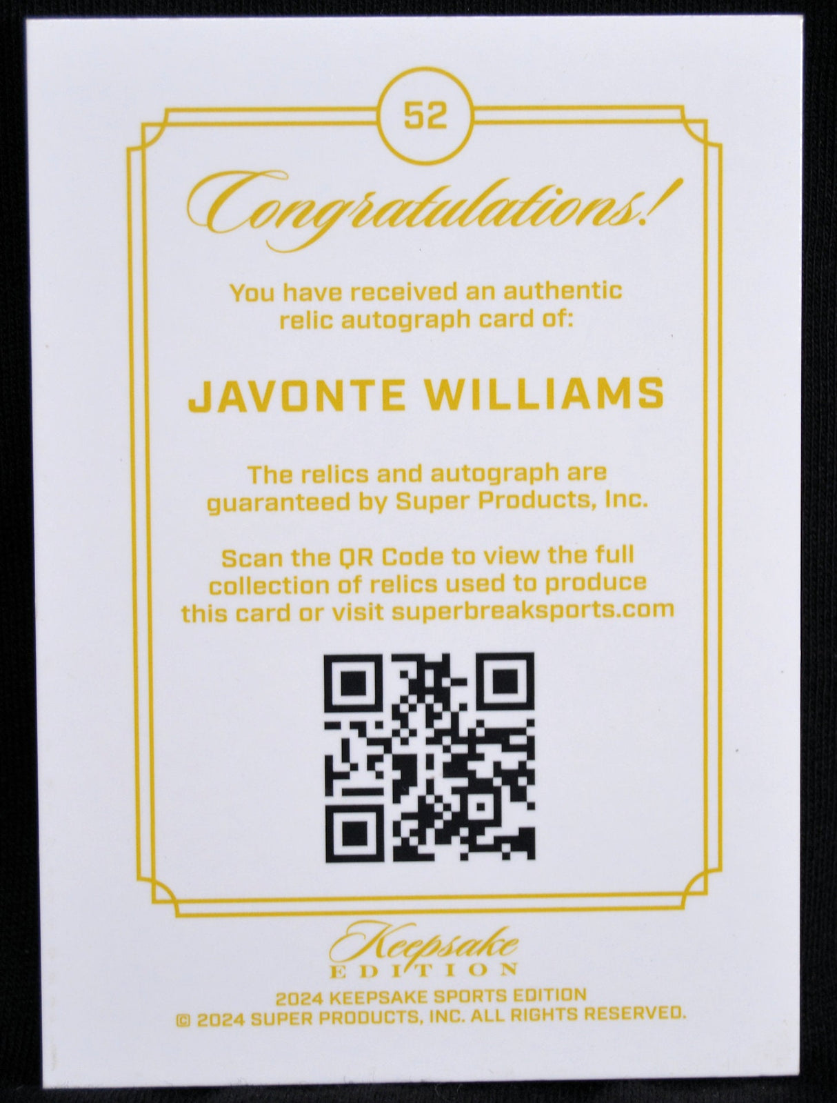 Certificate of authenticity for Javonte Williams relic autograph card from Keepsake Sports Edition