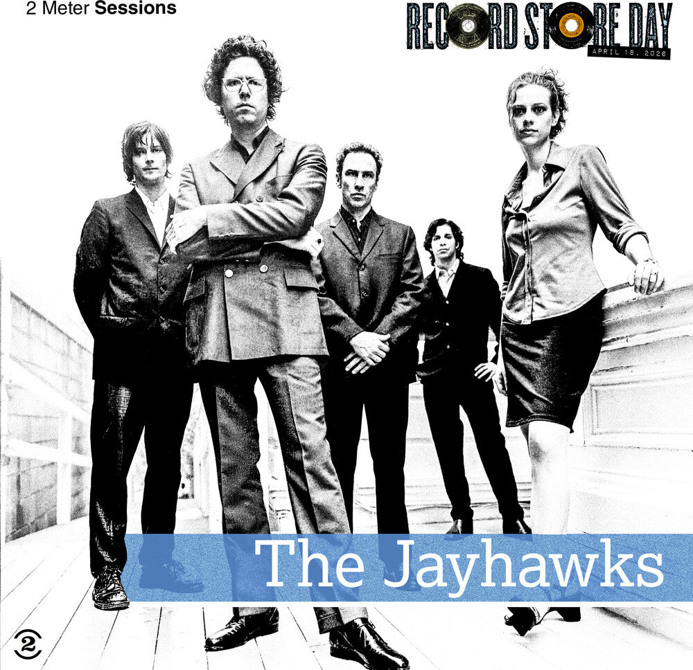 Black and white image of a band with 'The Jayhawks' on a 'Record Store Day' album cover.