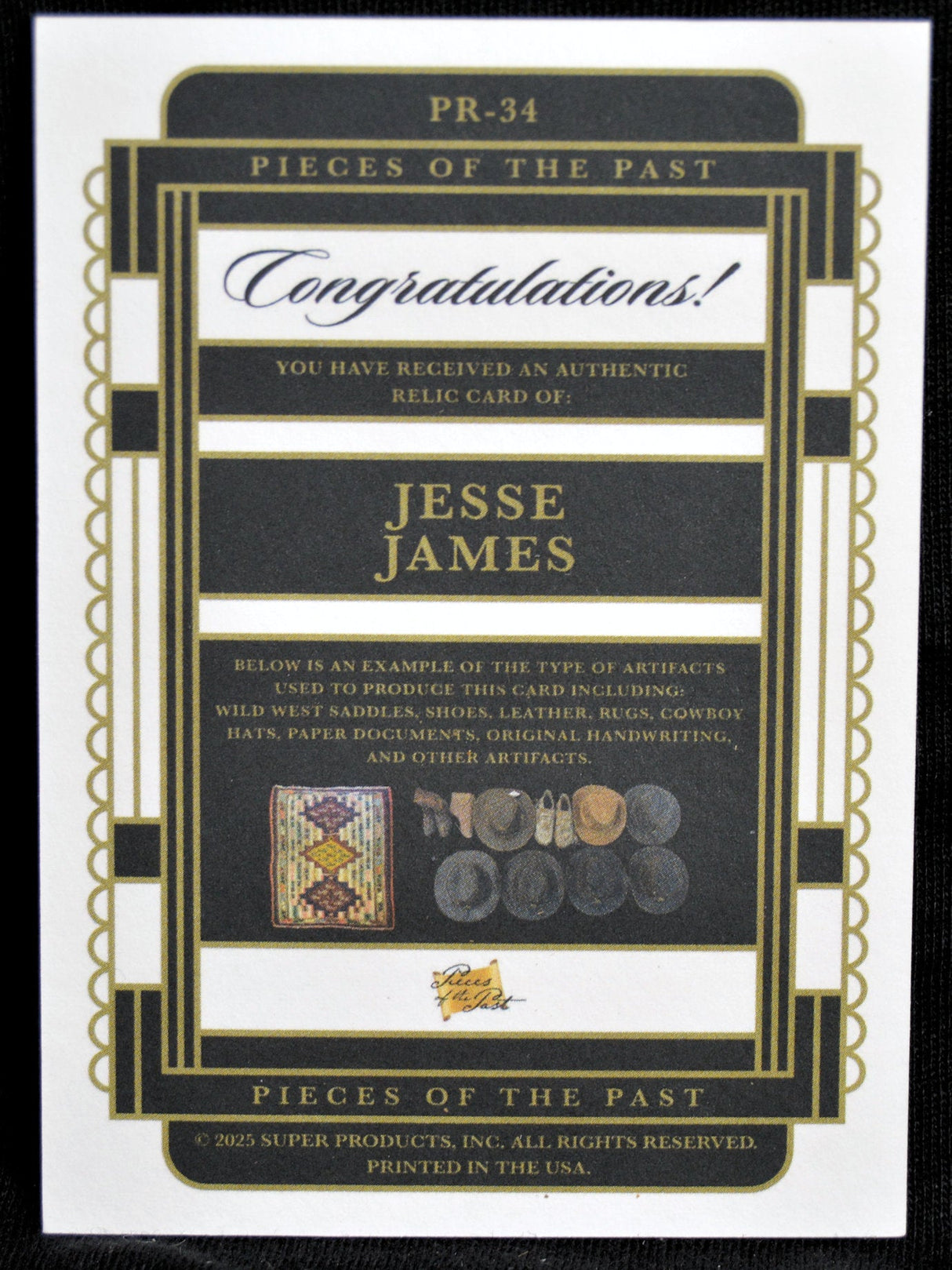 Certificate card confirming an authentic Jesse James relic card featuring a sample of Wild West artifacts
