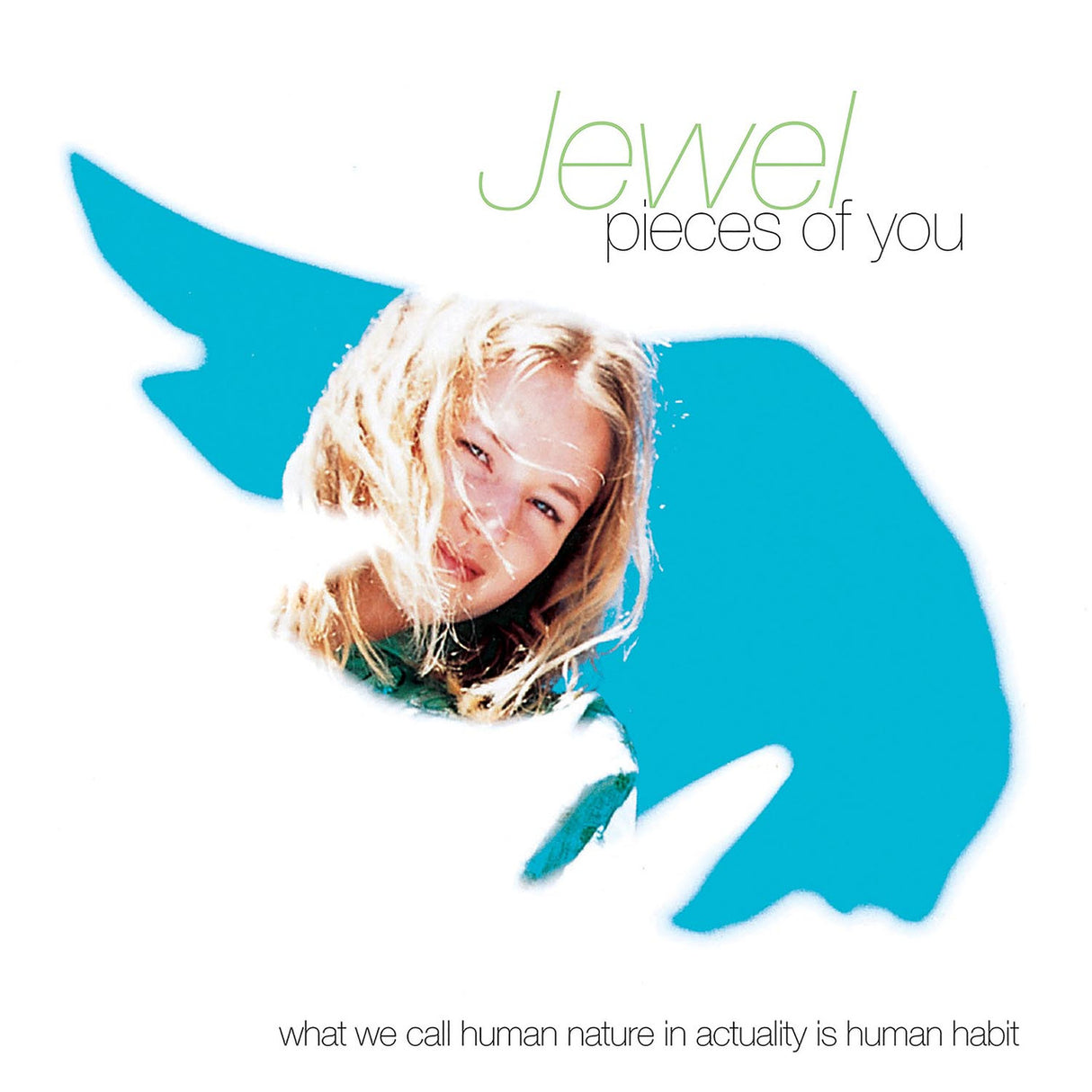 Album cover with a person peeking out from behind a blue fish-shaped cutout, featuring the text 'Jewel: Pieces of You'.