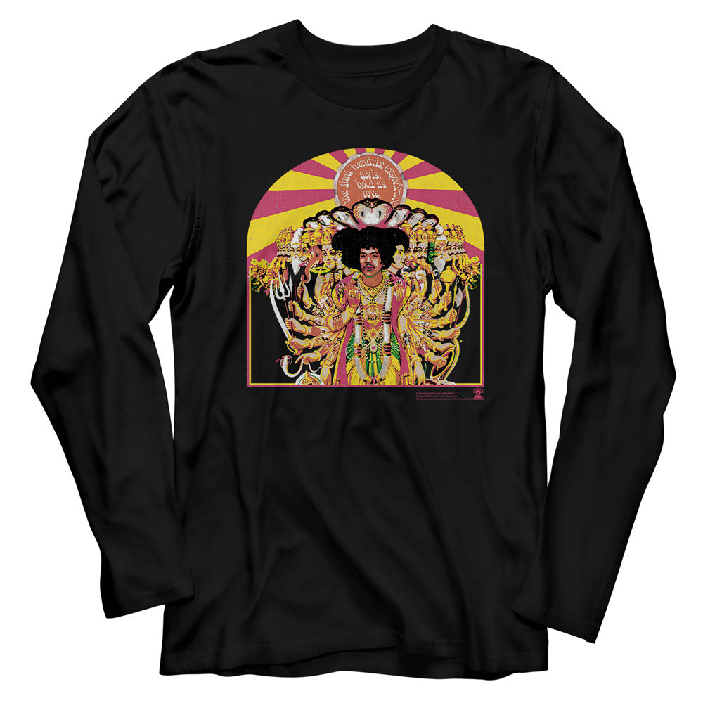 Black long-sleeve shirt with a colorful graphic design on a white background