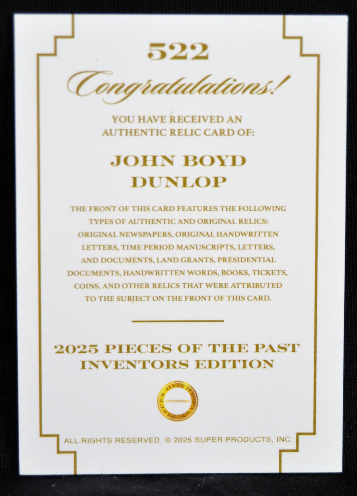 Certificate card for authentic John Boyd Dunlop relic, 2025 Pieces of the Past Inventors Edition