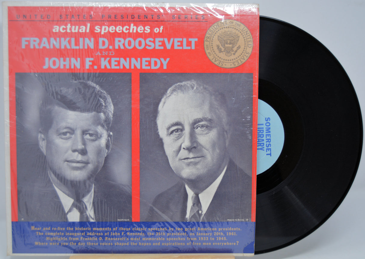 Vinyl record with cover featuring portraits of Franklin D. Roosevelt and John F. Kennedy on a gray background.