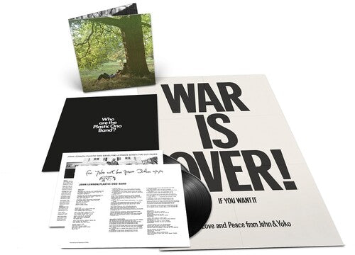 Vinyl record set with 'War is Over!' Poster and additional materials on a white background