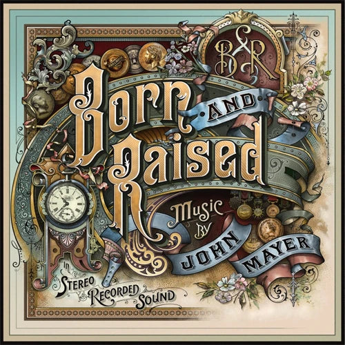 Album cover for 'Born and Raised' by John Mayer with decorative text and symbols.