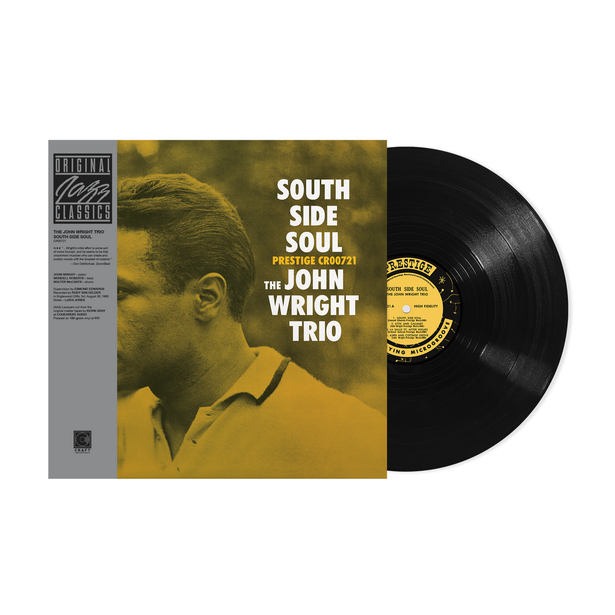 Vinyl record with cover featuring 'South Side Soul' by The John Wright Trio on a black background