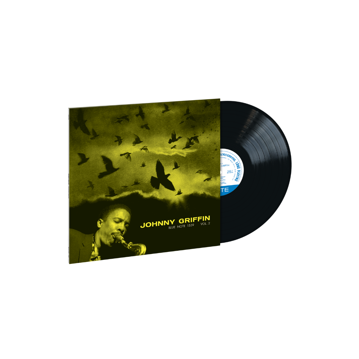 Johnny Griffin Vol. 2 Blue Note vinyl record partially out of sleeve with yellow album cover featuring Griffin playing saxophone and birds in flight