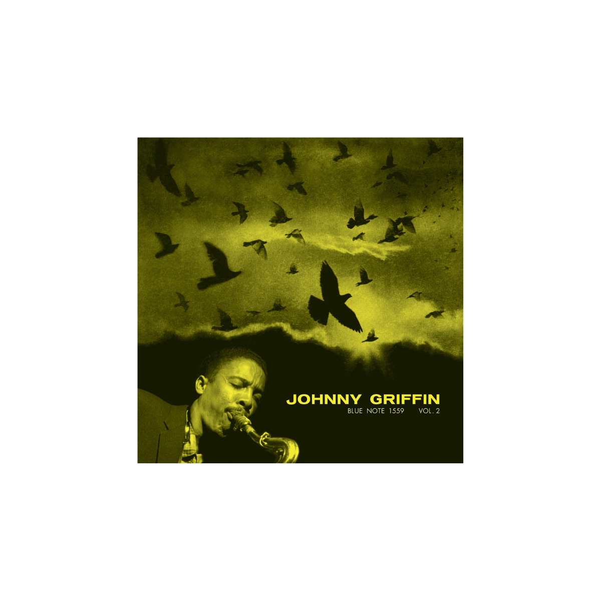 Close-up of Johnny Griffin Vol. 2 Blue Note album cover featuring Griffin on saxophone and a flock of birds on a yellow background