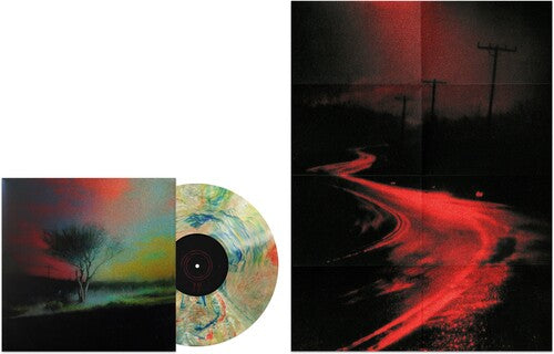 Vinyl record with colorful cover and a dark, abstract artwork on a white background.