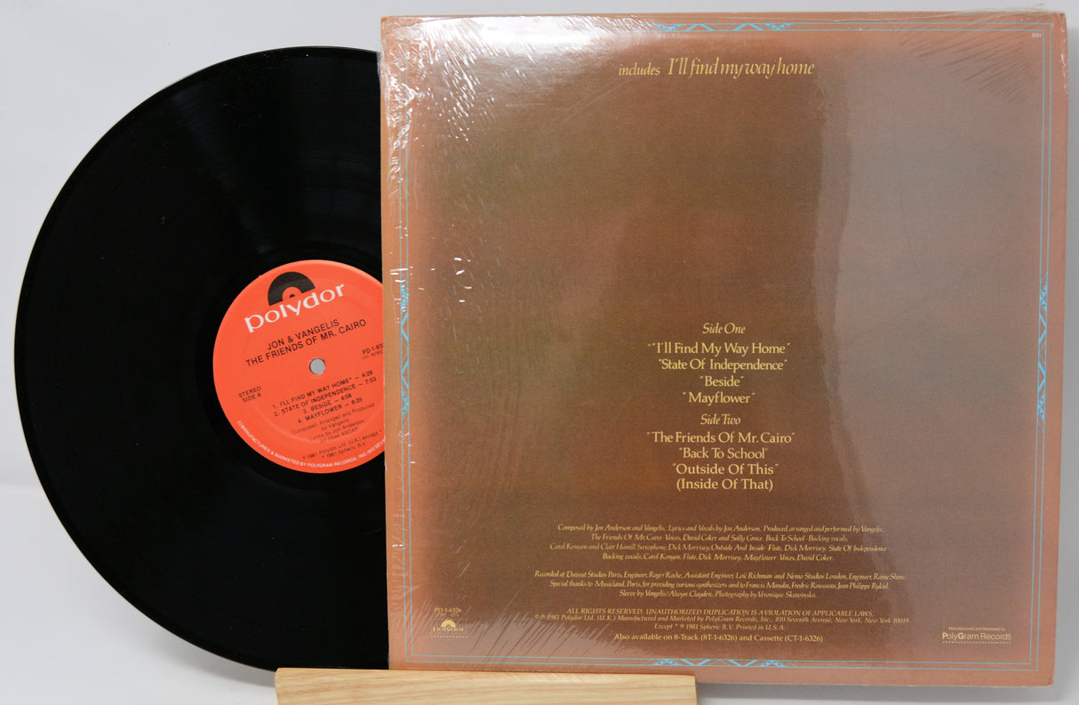 Vinyl record with orange label and transparent brown cover displaying text.